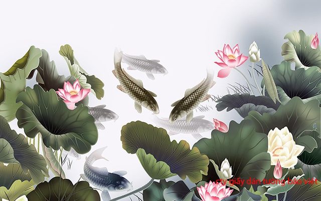 Giấy dán tường 3d hoa sen cá chép 001