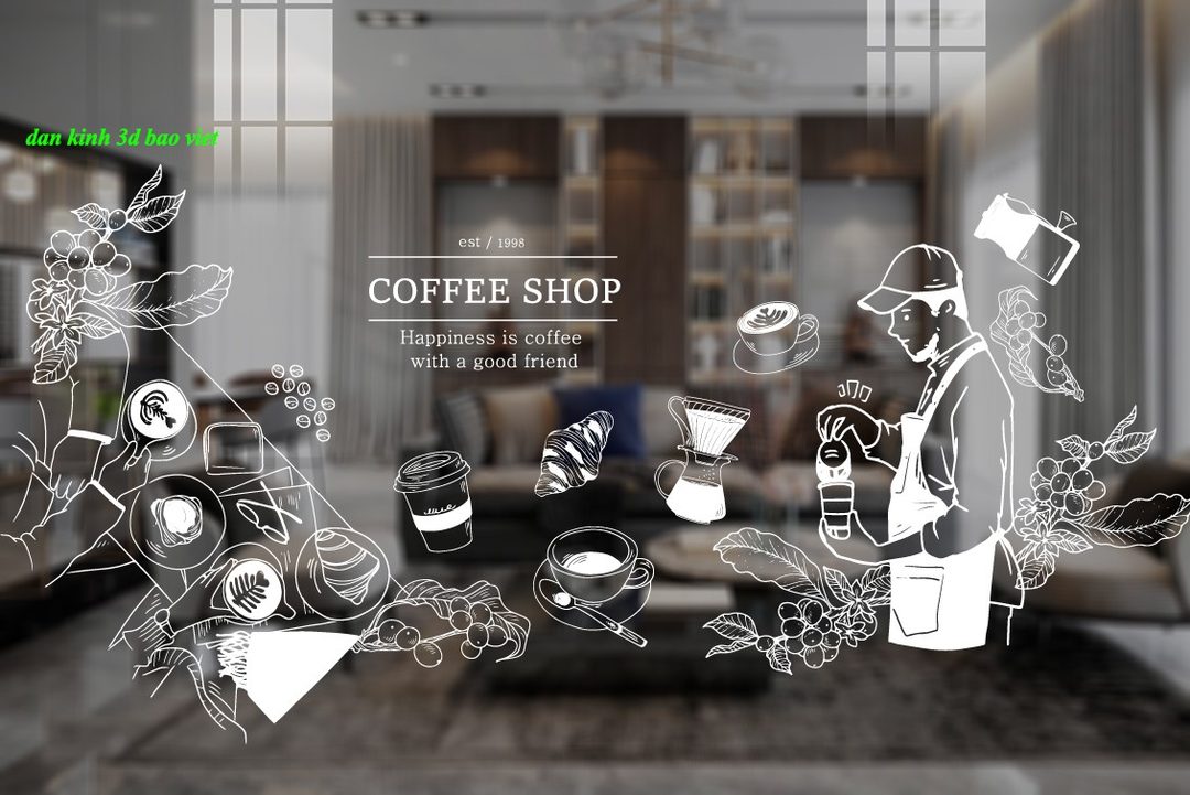 Decal dán kính nghệ thuật 3d cho quán cafe glass198