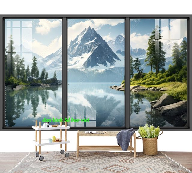 Tranh dán kính 3d 2 mặt phong cảnh sông núi