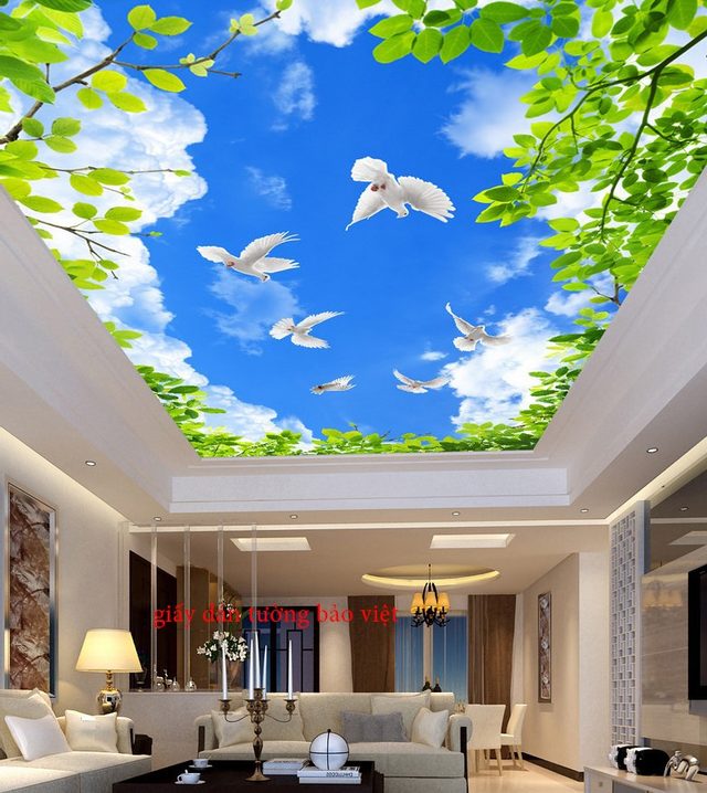 Dán trần nhà 3D với hình ảnh cây xanh - Báo giá dán trần nhà
