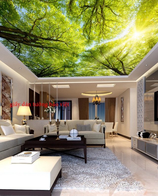 Dán trần nhà 3D với hình ảnh cây xanh - Báo giá dán trần nhà