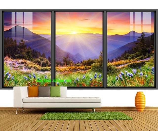 Tranh dán kính 3d 2 mặt phong cảnh sông núi