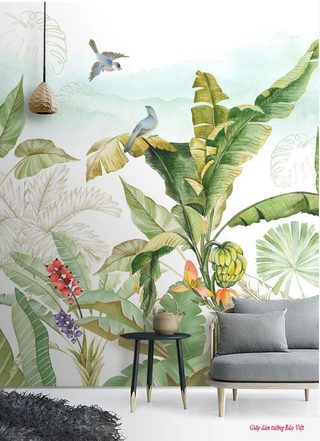 Wallpaper living room green leaves v135