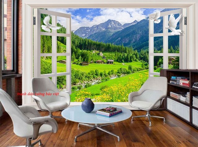 Tranh dán tường 3d cửa sổ phong cảnh m064