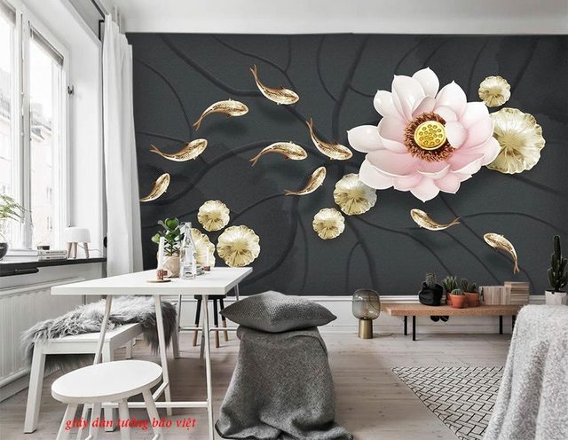 Giấy dán tường hoa sen phòng khách d150