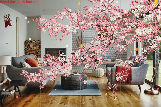 Decal dán kính 3d cao cấp hoa đào art007
